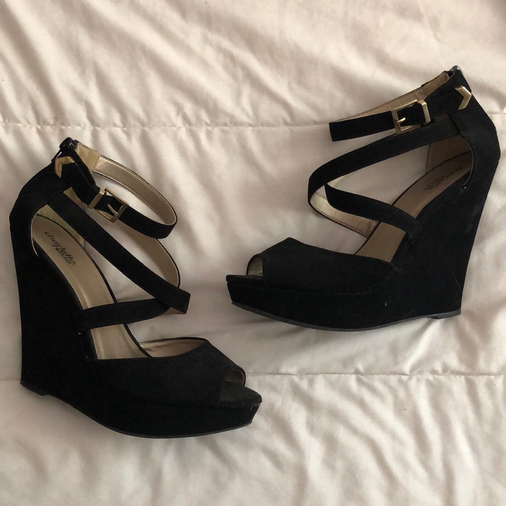 Black peep toe wedges